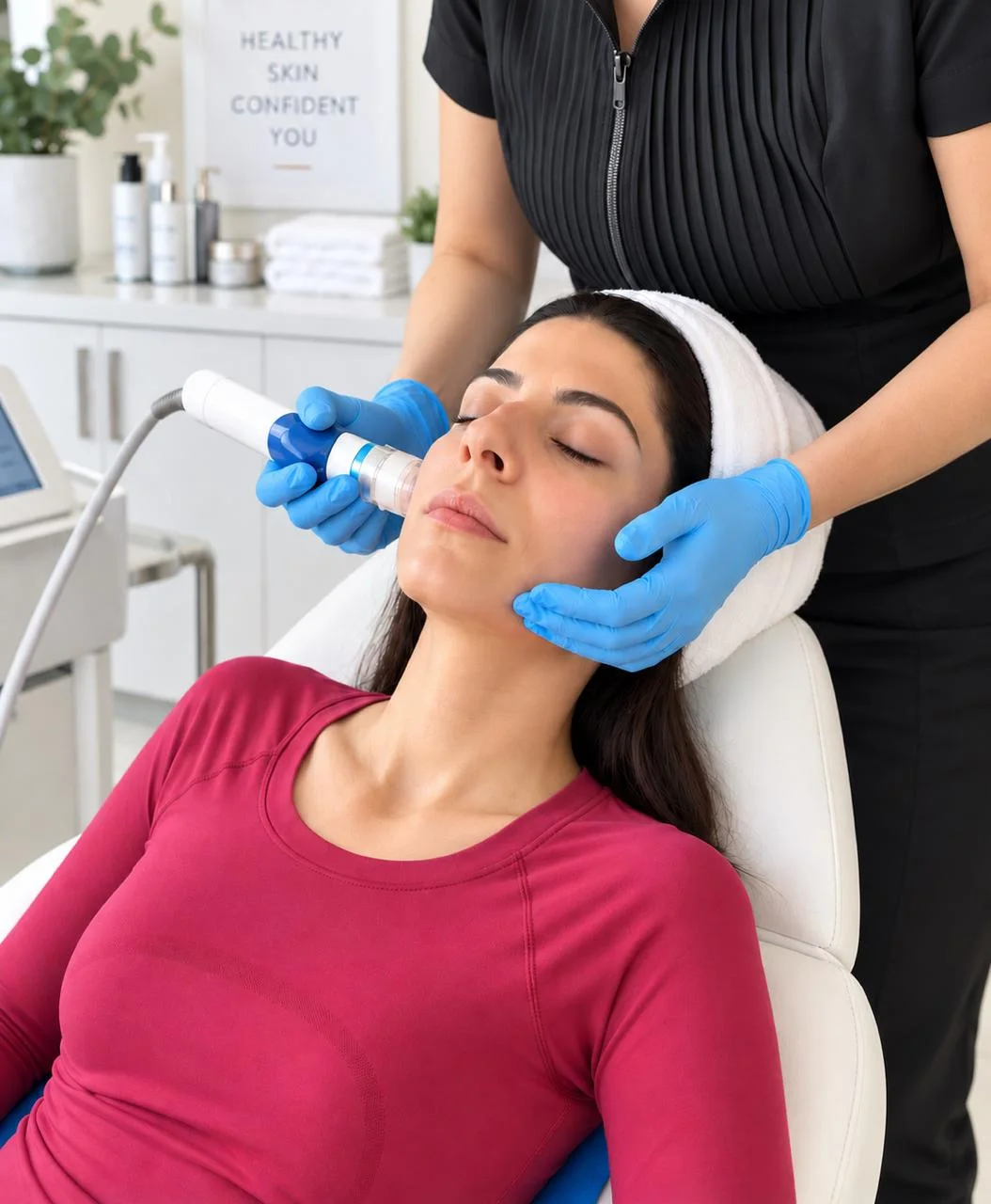 A Blueprint Med Spa technician performing an Exosome Facial with an Electro Dermal Infusion handpiece
