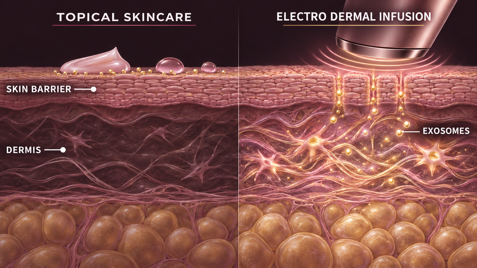 Skin cross-section comparing topical skincare, which stays at the skin barrier, with Electro Dermal Infusion, which carries exosomes through temporary channels into the dermis